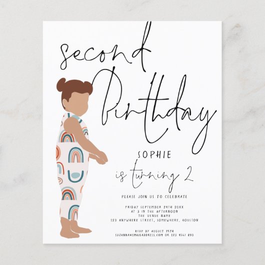 Budget Trendy Script Girl 2e verjaardag Uitnodigin (Voorkant)