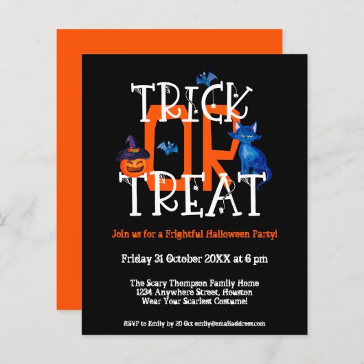 Budget Trick or treat Halloween Party Black Invite (Voorkant / Achterkant)