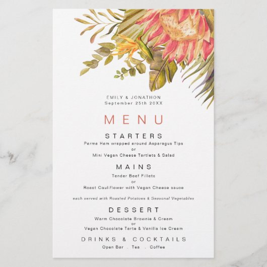 Budget Tropical Foliage Coral Wedding Menu (Voorkant)
