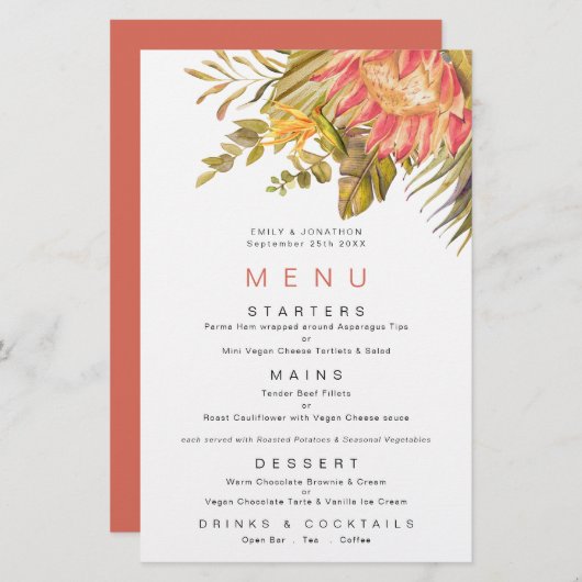 Budget Tropical Foliage Coral Wedding Menu (Voorkant / Achterkant)