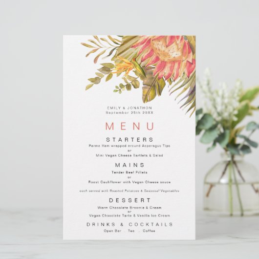 Budget Tropical Foliage Coral Wedding Menu (Staand voorkant)