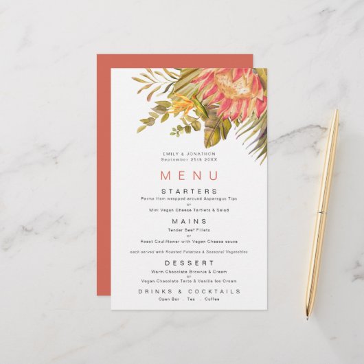 Budget Tropical Foliage Coral Wedding Menu (Voorkant / Achterkant in situ)