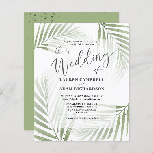 Budget Tropical Foliage Green Wedding Invitation (Voorkant / Achterkant)