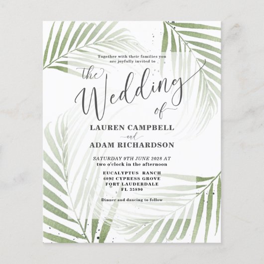 Budget Tropical Foliage Green Wedding Invitation (Voorkant)