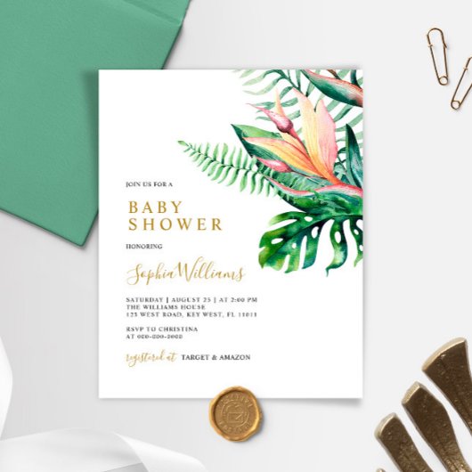 Budget Tropical Greenery Baby Shower Invitation