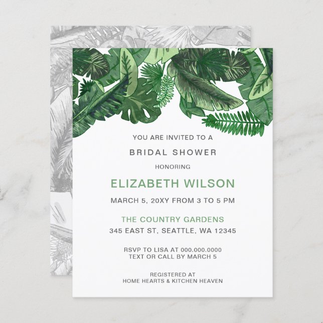 Budget Tropical Greenery Bridal Shower Uitnodiging (Voorkant / Achterkant)