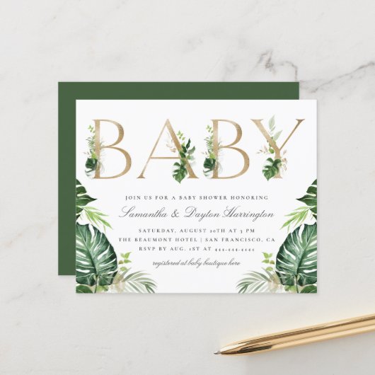 Budget Tropical Greenery Gold Letters Baby shower (Voorkant / Achterkant in situ)