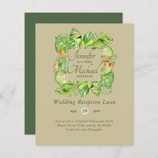 Budget Tropical Leaves Luau Wedding Reception Invi (Voorkant / Achterkant)