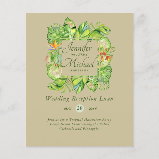 Budget Tropical Leaves Luau Wedding Reception Invi (Voorkant)