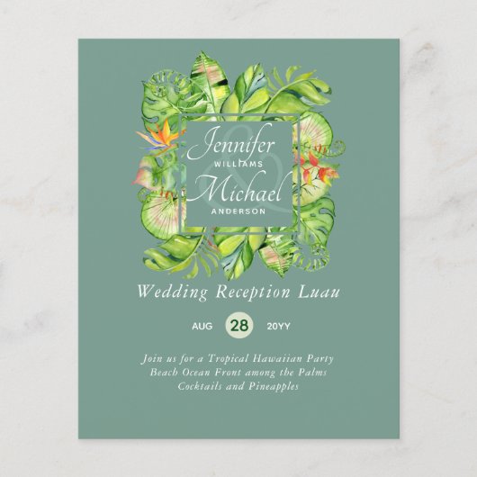 Budget Tropical Leaves Luau Wedding Reception Invi (Voorkant)