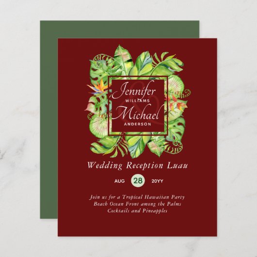 Budget Tropical Leaves Luau Wedding Reception Invi (Voorkant / Achterkant)