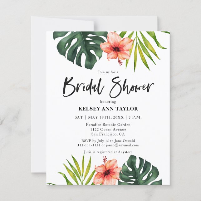 Budget Tropical Monstera  Bridal Shower Invitation (Voorkant)