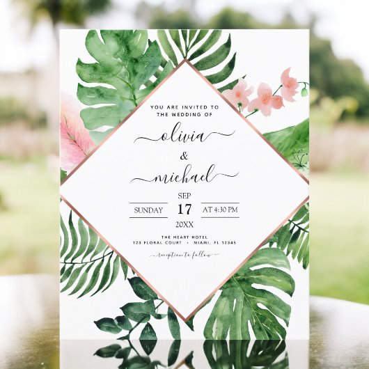Budget Tropical Palm Geometric Wedding Uitnodiging