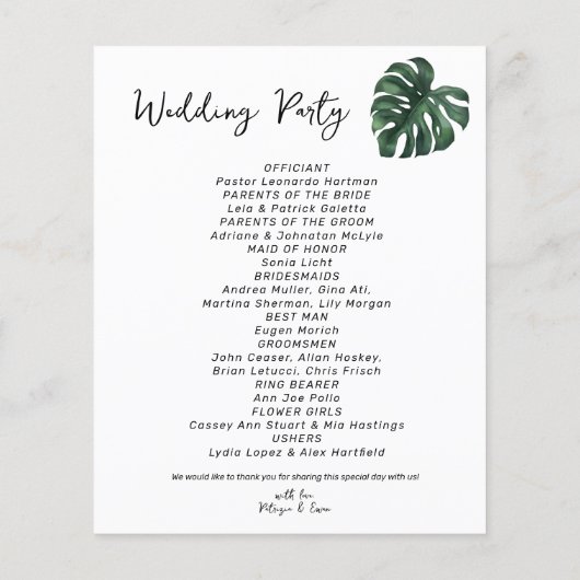 Budget Tropical Palm Leaf Wedding programma (Achterkant)