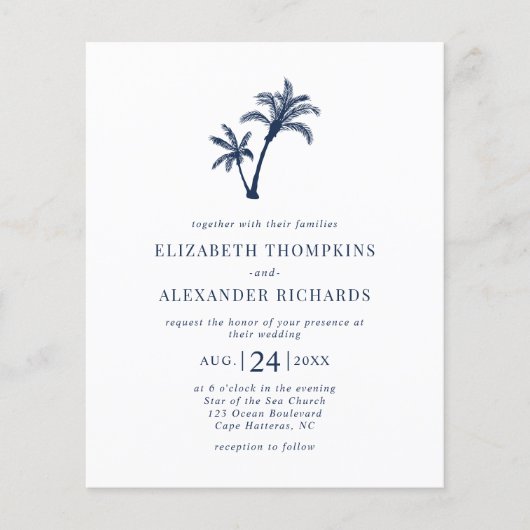 Budget Tropical Palm Navy Blue Wedding Uitnodiging Flyer (Voorkant)