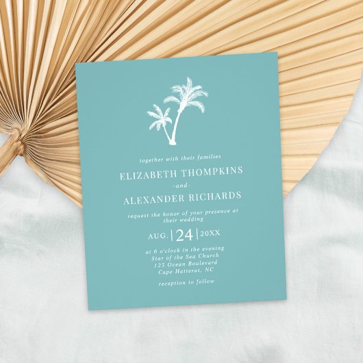 Budget Tropical Palm Zee Glass Blue Wedding Invite Flyer