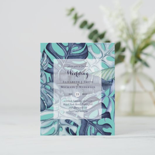 BUDGET Tropisch blad blauw turquoise trouw uitnodi (Staand voorkant)