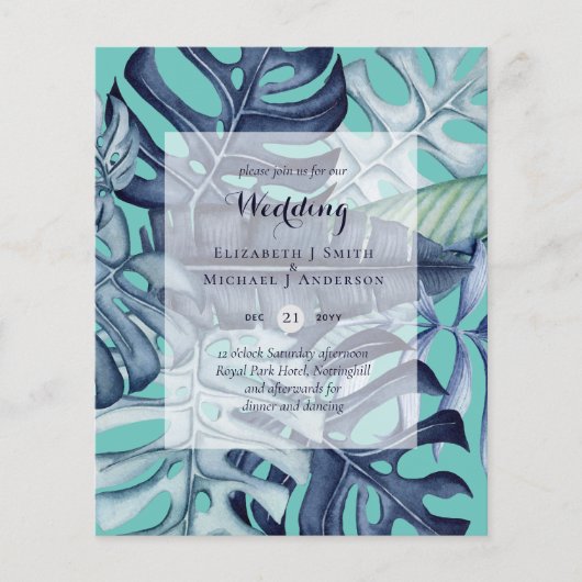 BUDGET Tropisch blad blauw turquoise trouw uitnodi (Voorkant)