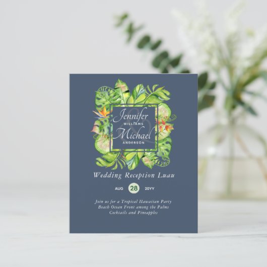 Budget Tropisch Blad Luau Trouwreceptie Uitnodigin (Staand voorkant)