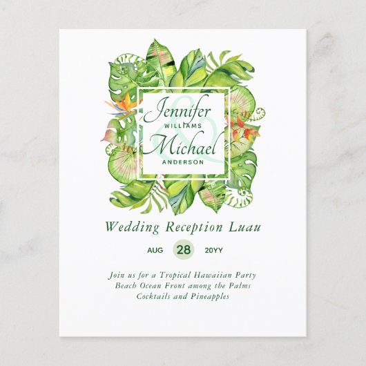 Budget Tropisch Blad Luau Trouwreceptie Uitnodigin (Voorkant)