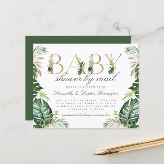 Budget Tropisch Greenery Gold Baby shower per post (Voorkant / Achterkant in situ)