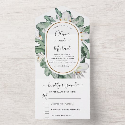 Budget Tropisch Magnolia Bloemachtig Huwelijks RSV All In One Uitnodiging (Binnen)