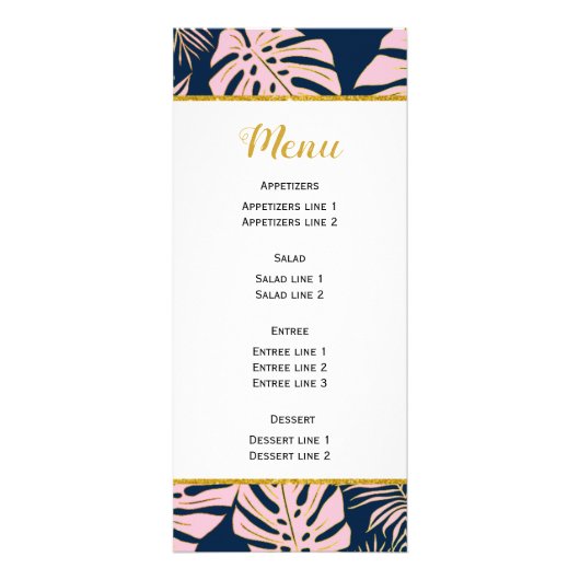 BUDGET Tropisch roze, marineblauw huwelijksmenu ka Reclamekaart (Achterkant)