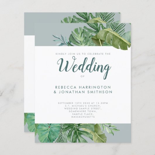 Budget Tropische Greenery Gray Wedding Invite (Voorkant / Achterkant)