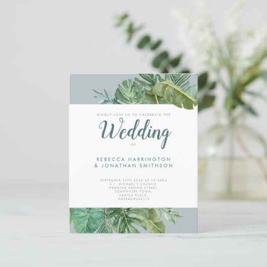 Budget Tropische Greenery Gray Wedding Invite (Staand voorkant)