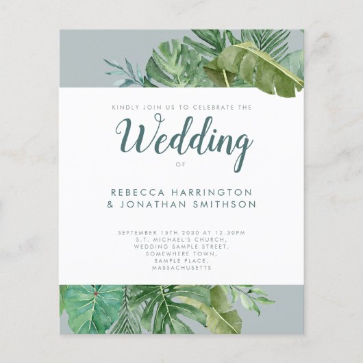 Budget Tropische Greenery Gray Wedding Invite (Voorkant)