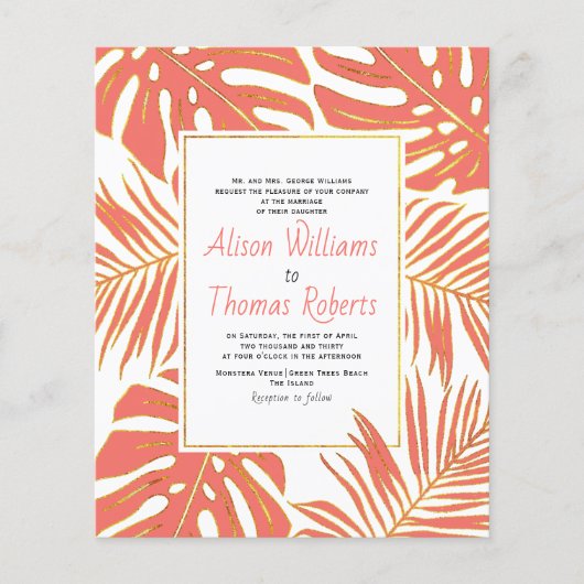 BUDGET tropische koraalbladeren trouwuitnodiging (Voorkant)