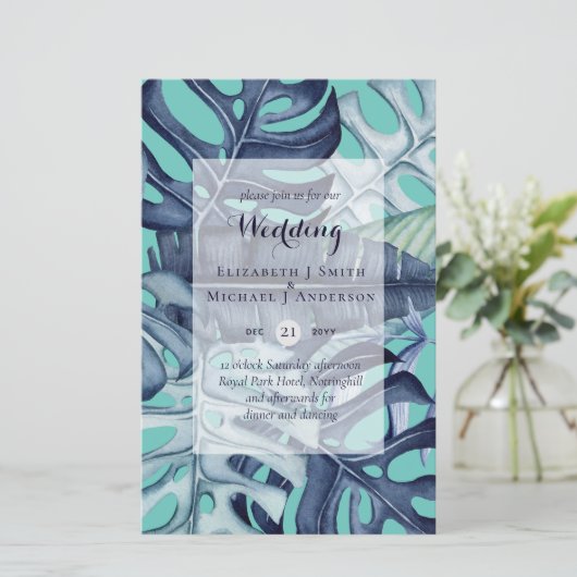 BUDGET Tropische Leaf Blue Blauwgroen Wedding Invi (Staand voorkant)