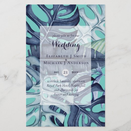 BUDGET Tropische Leaf Blue Blauwgroen Wedding Invi (Voorkant)