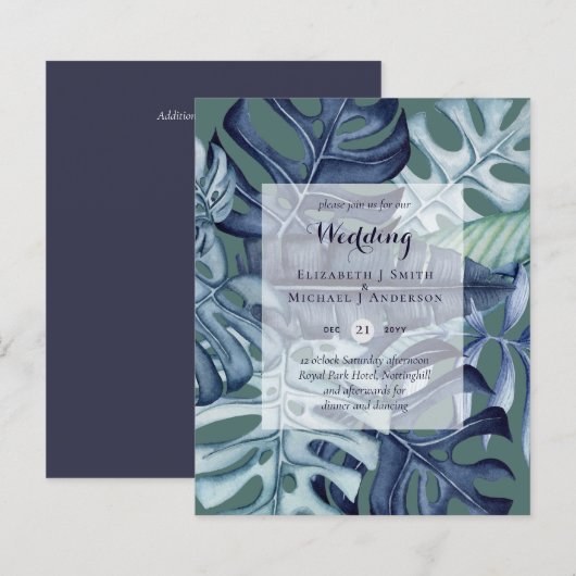 BUDGET Tropische Leaf Blue Blauwgroen Wedding Invi (Voorkant / Achterkant)