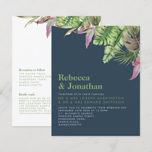 Budget Tropische marine Blue Wedding Invite (Voorkant / Achterkant)