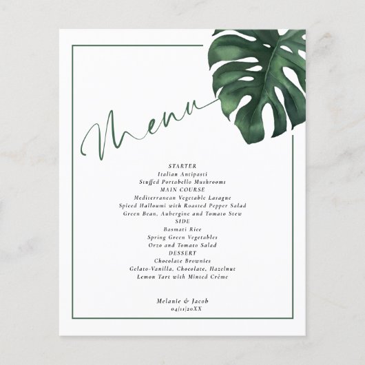 Budget Tropische Monstera Leaf Wedding Menu Flyer (Voorkant)