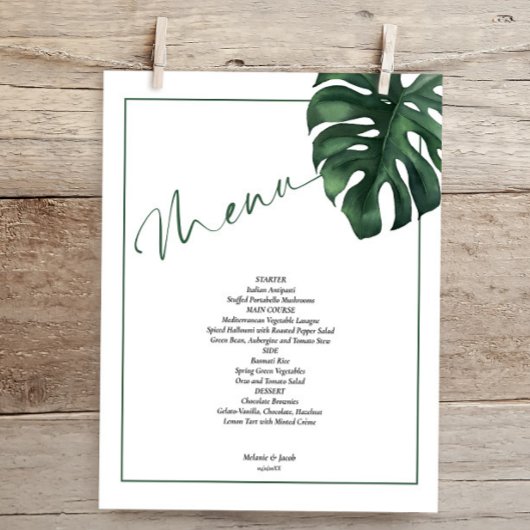 Budget Tropische Monstera Leaf Wedding Menu Flyer