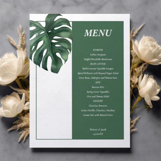 Budget Tropische Monstera Leaf Wedding Menu Kaart