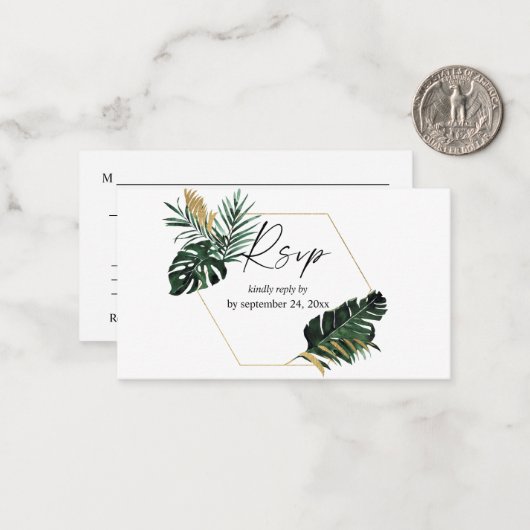 Budget Tropische Palm Leaf Goud 2SM Maaltijd RSVP Notitiekaartje (Voorkant / Achterkant in situ)