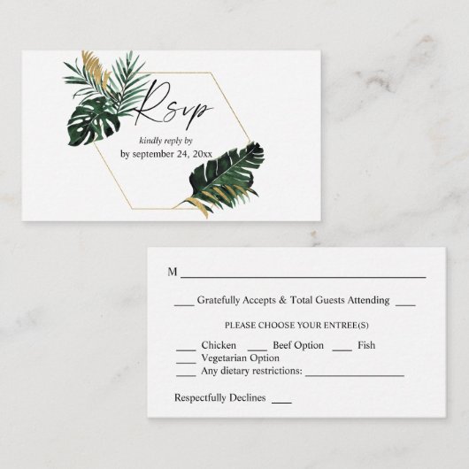 Budget Tropische Palm Leaf Goud 2SM Maaltijd RSVP Notitiekaartje (Voorkant / Achterkant)