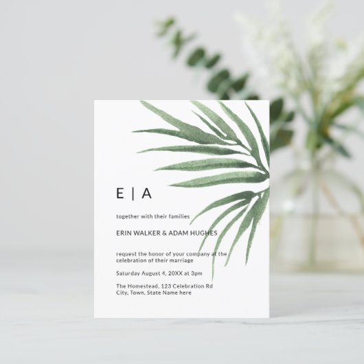 Budget Tropische Palm Leaf Minimal Wedding Invite (Staand voorkant)