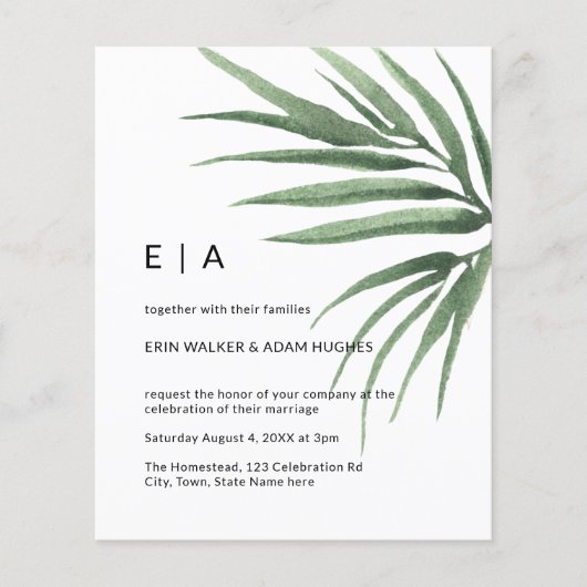 Budget Tropische Palm Leaf Minimal Wedding Invite (Voorkant)