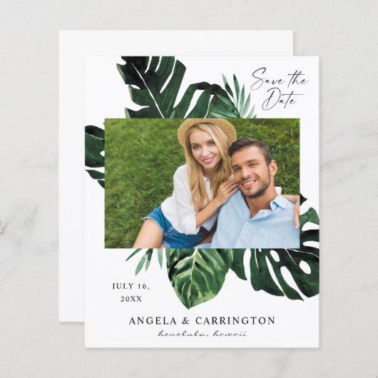 Budget Tropische Palm Leaf Photo Save the Date (Voorkant / Achterkant)