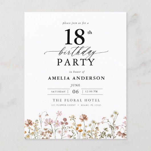 Budget Tuin Bloemen 18e Verjaardag Uitnodiging (Voorkant)