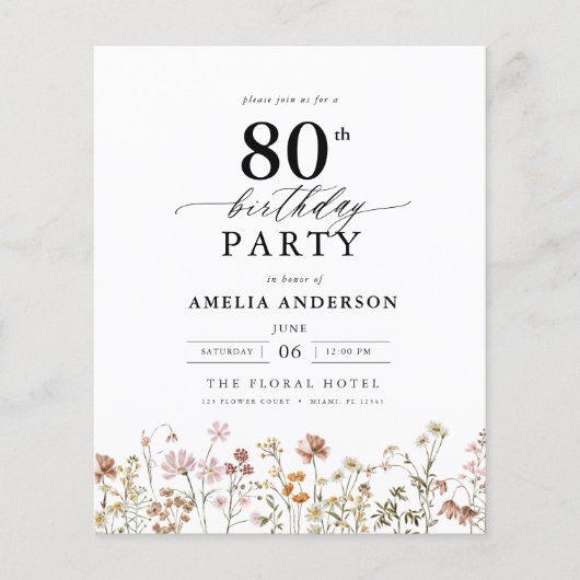 Budget Tuin Bloemen 80e Verjaardag Uitnodiging (Voorkant)