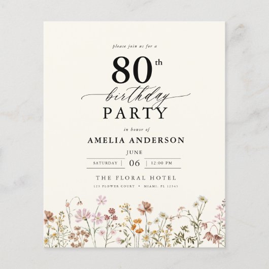 Budget Tuin Bloemen 80e Verjaardag Uitnodiging Flyer (Voorkant)