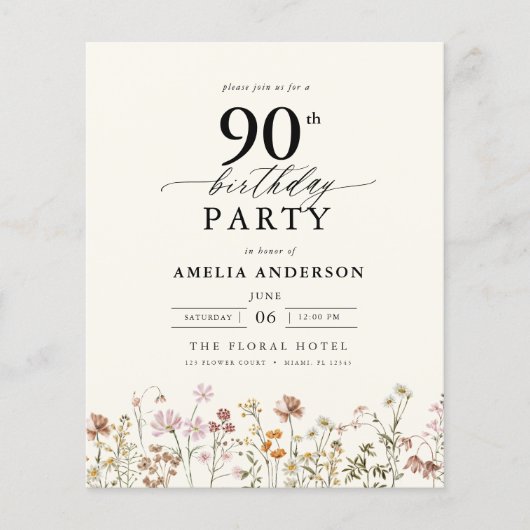 Budget Tuin Bloemen 90ste Verjaardag Uitnodiging (Voorkant)