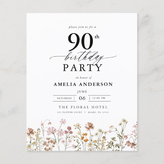 Budget Tuin Bloemen 90ste Verjaardag Uitnodiging (Voorkant)