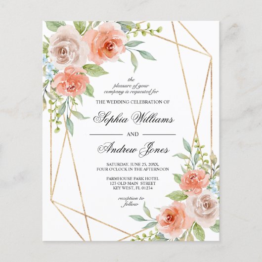 Budget Tuin Roos & Goud Lijst Huwelijksuitnodiging (Voorkant)