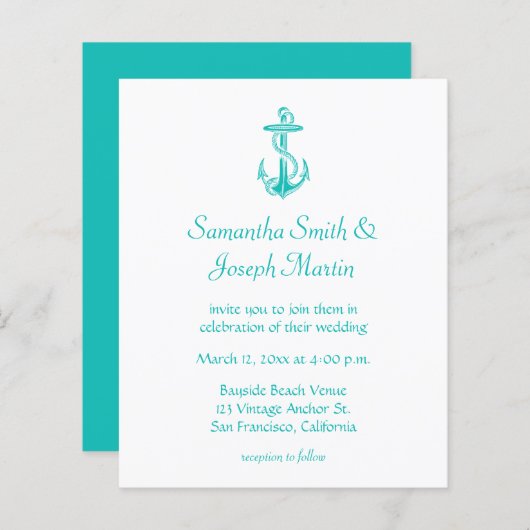 Budget Turquoise Anchor Wedding Uitnodiging (Voorkant / Achterkant)
